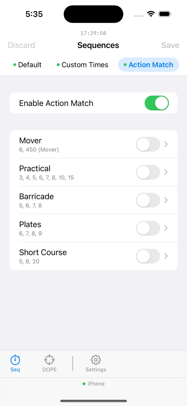 The Shot Clock app on an iPhone, showing the Action Match sequence family with Mover, Practical, Barricade, Plates and Short Course.