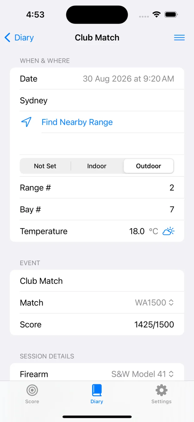 A single Diary entry on an iPhone, showing date, location, range and bay, temperature, event, match, score and firearm.