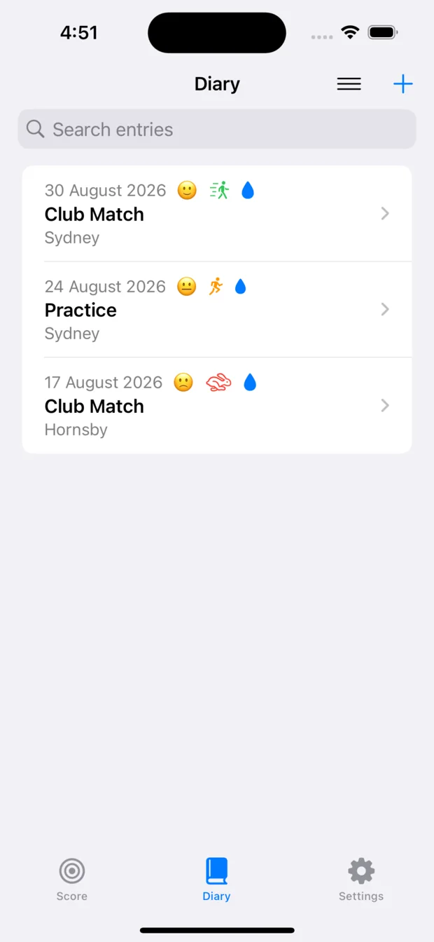 The Diary list on an iPhone, showing three sessions with their dates, locations and mood, energy and hydration markers.