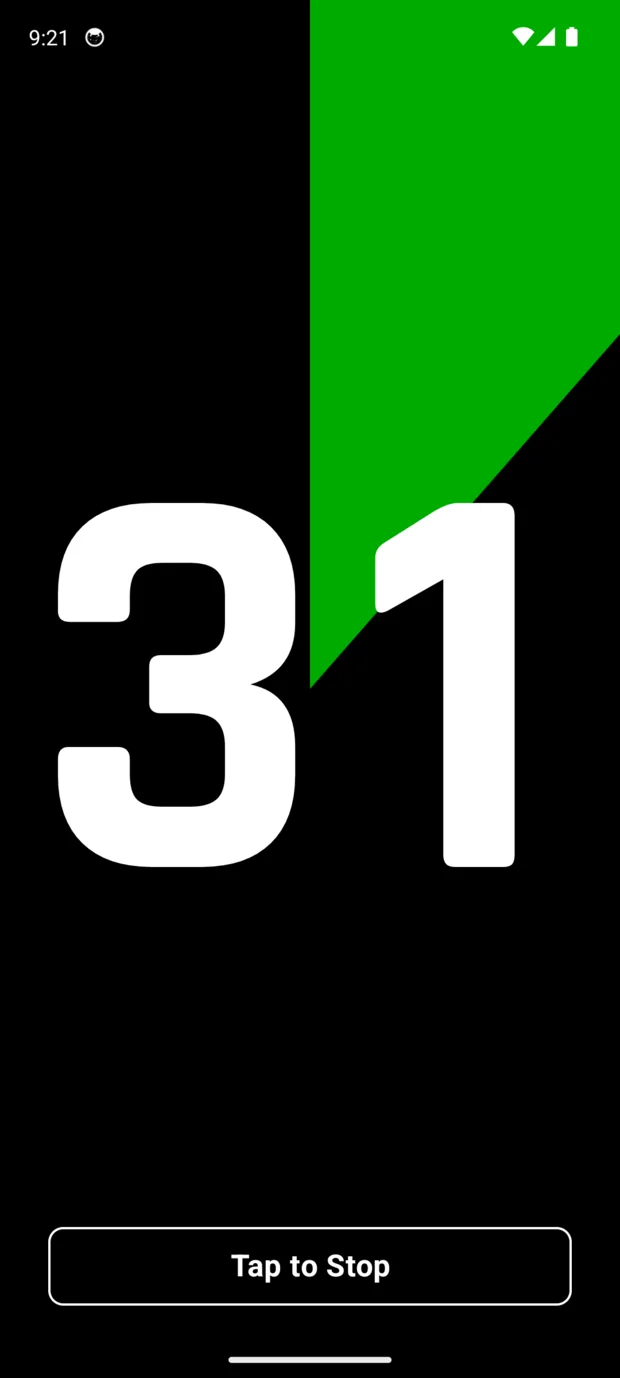The same stage part way through on the phone: 31 seconds left in large white figures, with the green Time Slice wedge sweeping across the screen behind them.