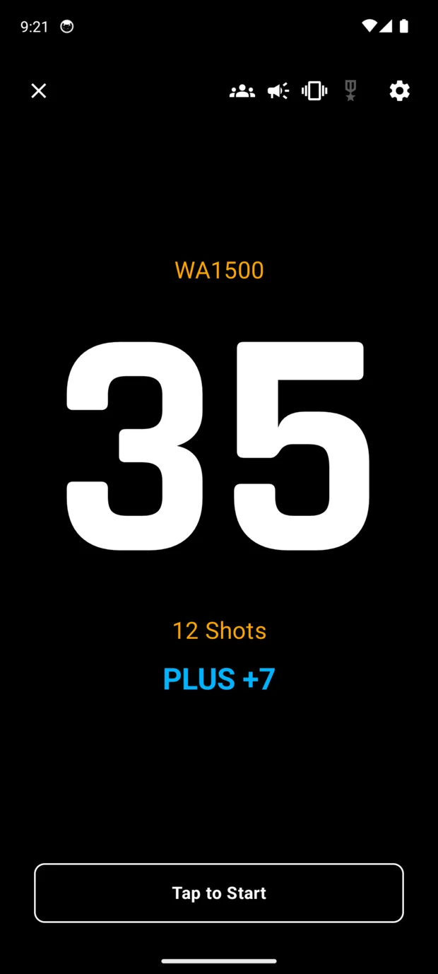 Shot Clock running as a timer on an Android phone: WA1500, 35 seconds, 12 shots, Plus Mode +7, with a Tap to Start button.