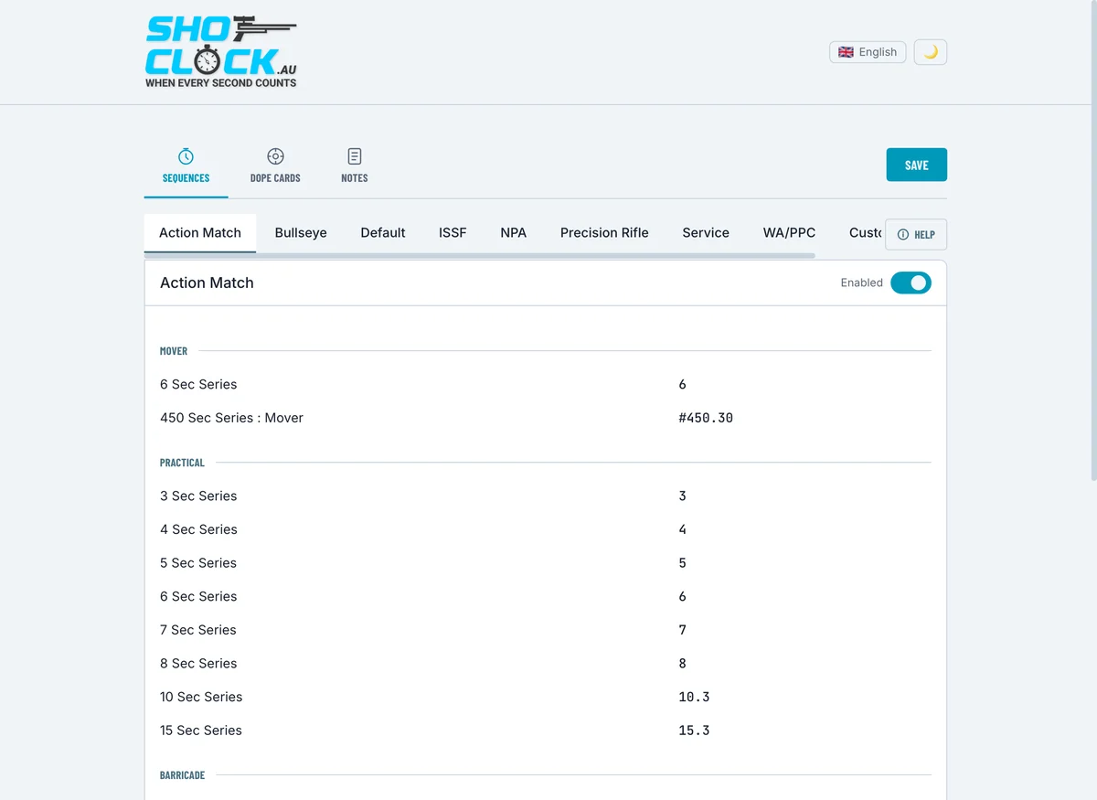 The Shot Clock Portal open in a browser, showing the time-sequence editor with the Action Match family expanded.