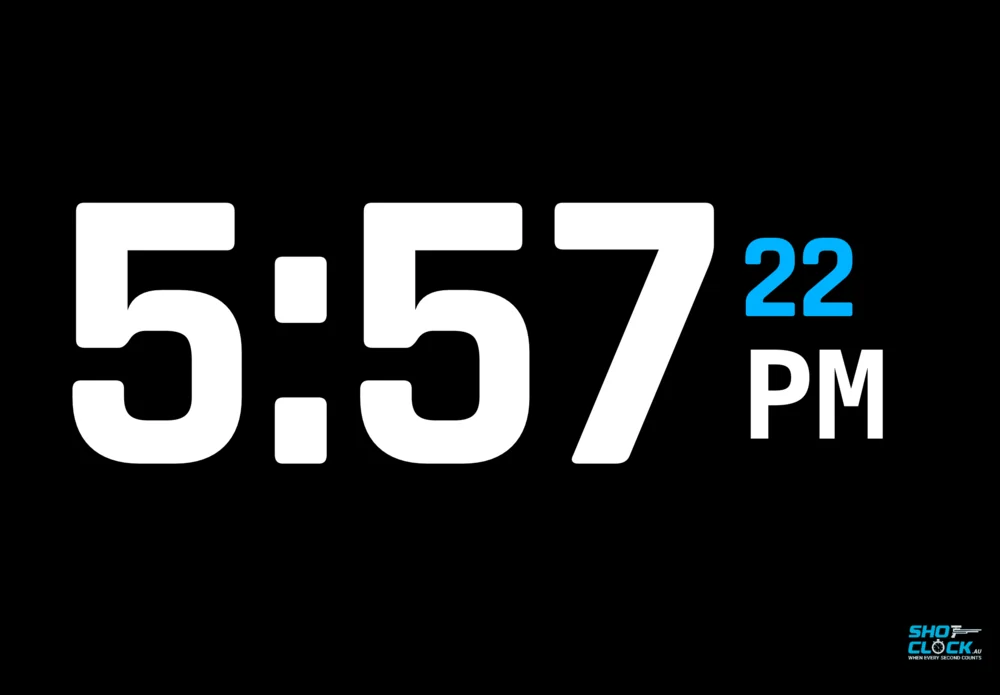 Range Clock running on a tablet: the time of day in white numerals a foot high on a black screen.